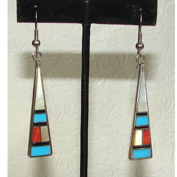 Zuni Jewelry - Zuni Turquoise Inlay Sterling Silver Dangle EARRINGS, Spiney Oyster, MOP D24